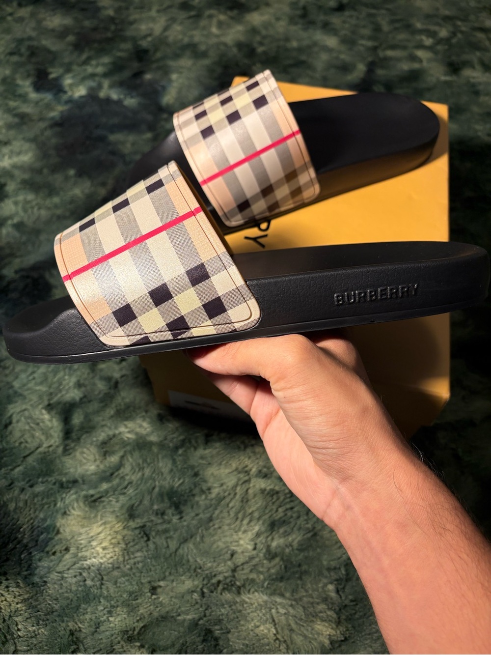 Burberry Black Footbed Beige Vintage Check Slides with Pink Stripe